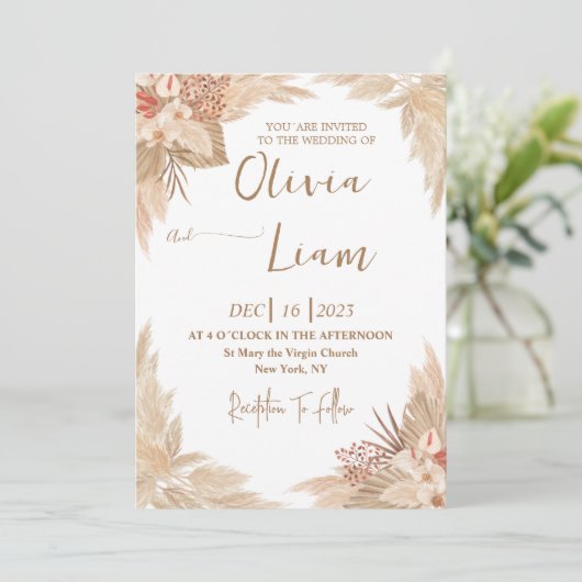 Boho Pampas Grass Wedding Einladung (Stehend Vorderseite)
