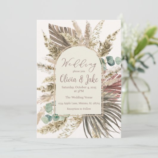 Boho Pampas Grass Wedding Einladung — Seite Grün (Stehend Vorderseite)