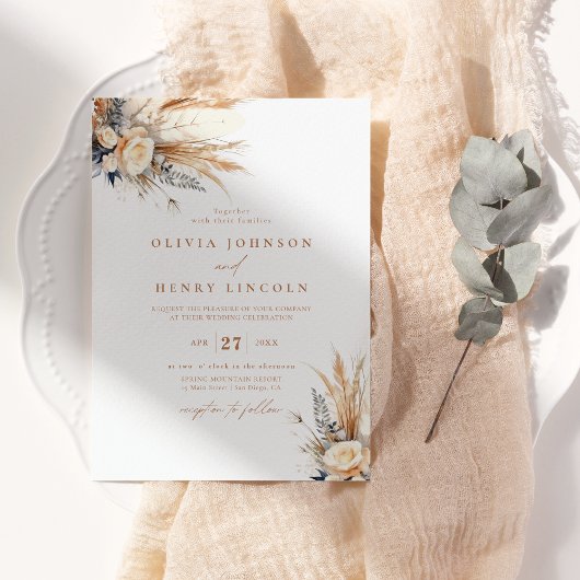 Boho Pampas Grass Wedding Floral QR Code Einladung