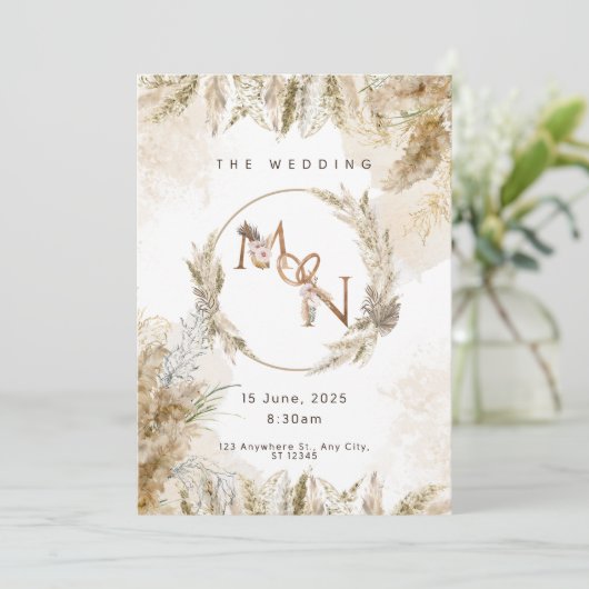 Boho Pampas Grass Wedding Invitation Einladung (Stehend Vorderseite)