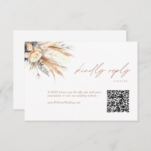 Boho Pampas Grass Wedding RSVP QR Code Card Einladung (Vorne/Hinten)