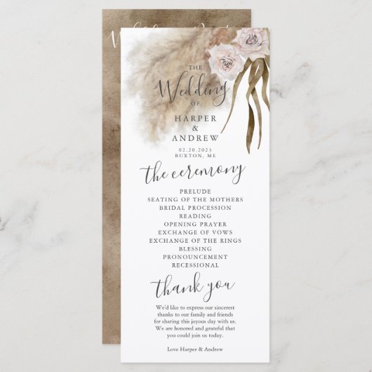 Boho Pampas Grass Wedding Zeremony Program Programm (Vorne/Hinten)