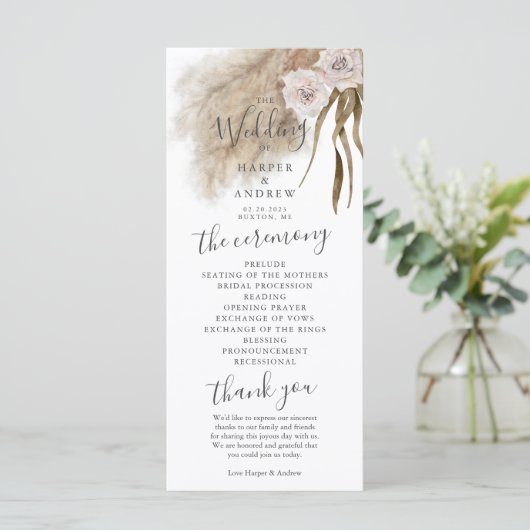 Boho Pampas Grass Wedding Zeremony Program Programm (Stehend Vorderseite)
