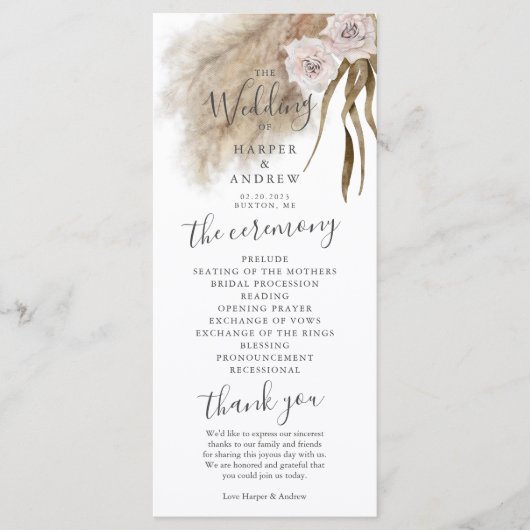 Boho Pampas Grass Wedding Zeremony Program Programm (Vorderseite)