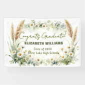 Boho Pampas Grass White Daisies Graduation Party Banner (Horizontal)