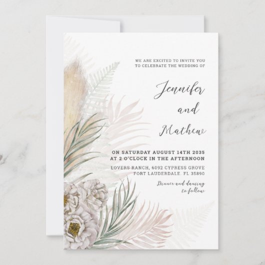Boho Pampas Grass & White Floral Wedding Einladung (Vorderseite)