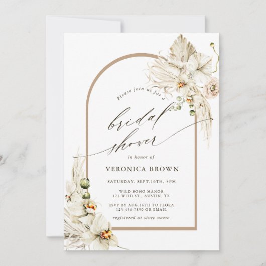 Boho Pampas Grass White Orchid Arch Brautparty Einladung (Vorderseite)