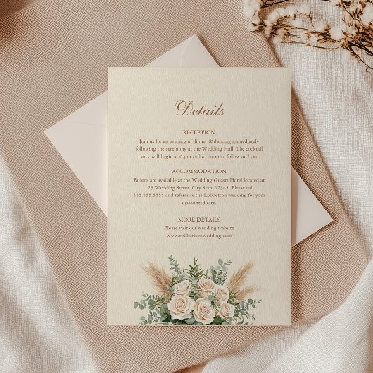 Boho Pampas Grass & White Rose Hochzeitskarte Einladung