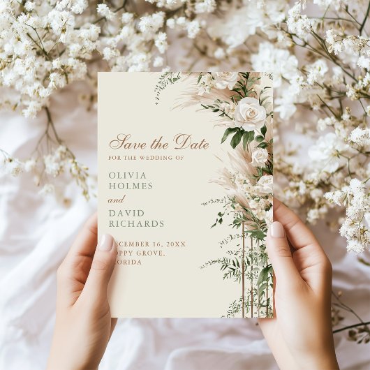 Boho Pampas Grass & White Rose Wedding Save The Date