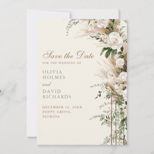 Boho Pampas Grass & White Rose Wedding Save The Date (Vorderseite)