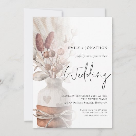 Boho Pampas Grasses Overlay QR-Code Hochzeit Einladung (Vorderseite)