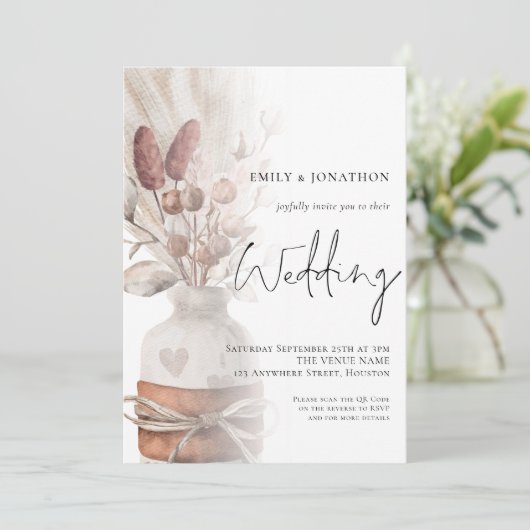 Boho Pampas Grasses Overlay QR-Code Hochzeit Einladung (Stehend Vorderseite)