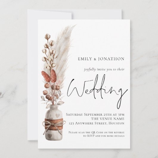 Boho Pampas Grasses QR Code Einladung Hochzeit (Vorderseite)