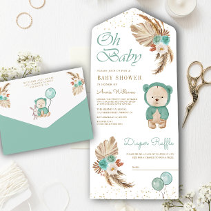 Boho Pampas Grüne Florale Teddybär-Baby-Party All In One Einladung