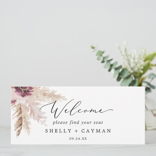 Boho Pampas Hanging Seating Chart Welcome Header (Stehend Vorderseite)