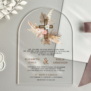 Boho Pampas Holz Kreuz Katholische Hochzeit Acryleinladungen