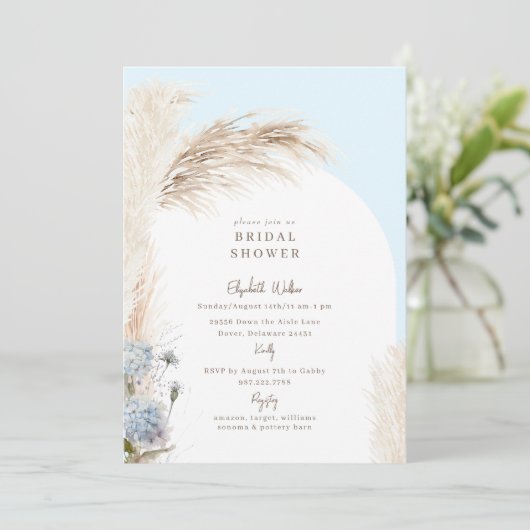 Boho Pampas Icy Blue Brautparty Einladung (Stehend Vorderseite)