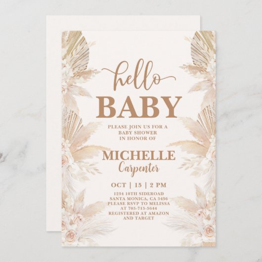 Boho Pampas Kinderdusche Einladung (Vorne/Hinten)