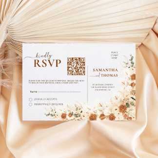 Boho Pampas lilies & Eucalyptus QR Wedding RSVP Karte