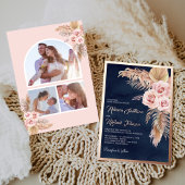 Boho Pampas Navy Blue Dusty Pink Wedding Rose Gold Folieneinladung