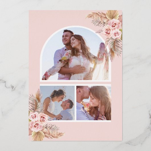 Boho Pampas Navy Blue Dusty Pink Wedding Rose Gold Folieneinladung (Rückseite)