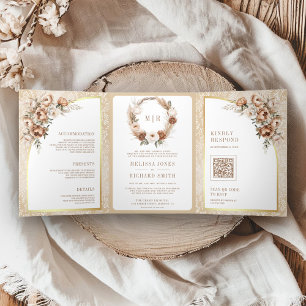 Boho Pampas Neutrales Beige Erdiges Florales Hochz Dreifach Gefaltete Einladung