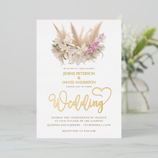 Boho Pampas & Orchid Wedding Foil Folieneinladung (Stehend vorne)