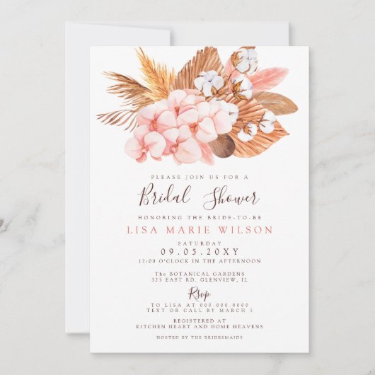 Boho Pampas Orchids Cotton Blush Brautparty Einladung (Vorderseite)