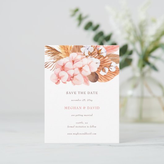 Boho Pampas Orchids Cotton Blush Save the Date Ankündigungspostkarte (Stehend Vorderseite)