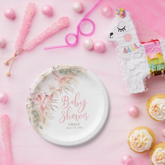 Boho Pampas Orchids Peonies Neutral Baby Shower Pappteller (Party)