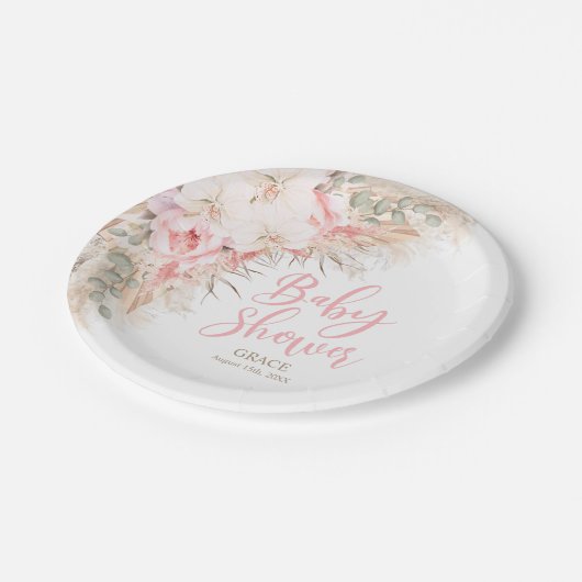 Boho Pampas Orchids Peonies Neutral Baby Shower Pappteller (Schrägansicht)