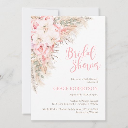 Boho Pampas Orchids Peonies Neutrales Brautparty Einladung (Vorderseite)