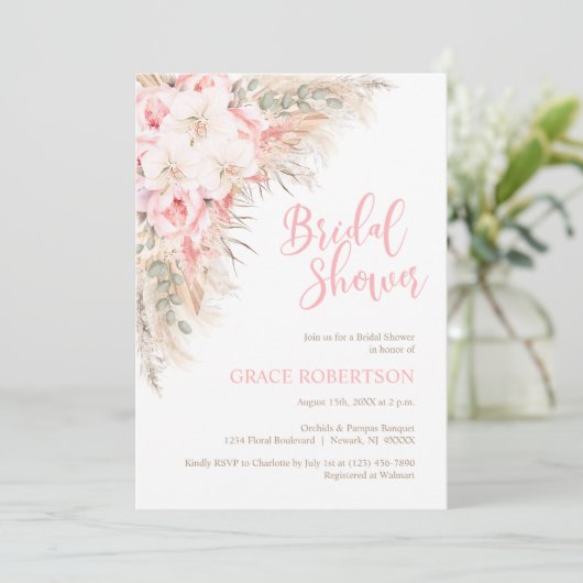 Boho Pampas Orchids Peonies Neutrales Brautparty Einladung (Stehend Vorderseite)