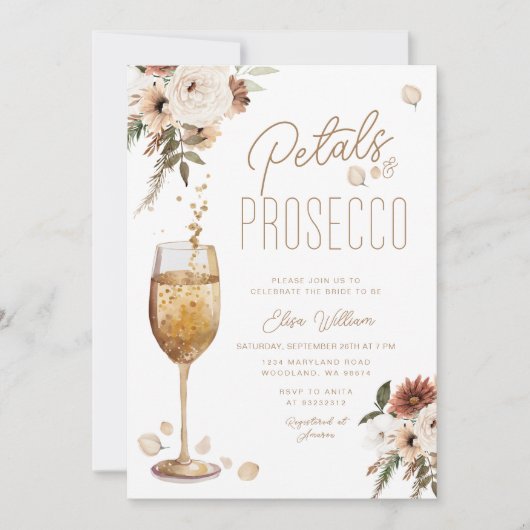 Boho Pampas Petals und Prosecco Brautparty Einladung (Vorderseite)