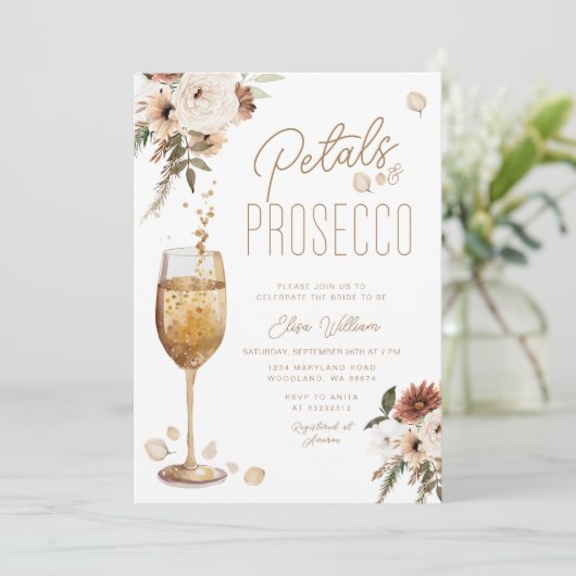 Boho Pampas Petals und Prosecco Brautparty Einladung (Stehend Vorderseite)