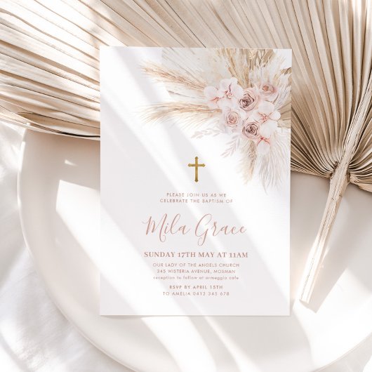 Boho Pampas Pink Girl Floral Taufe Christening Einladung
