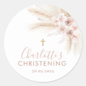 Boho Pampas Pink Girl Floral Taufe Christening Runder Aufkleber (Vorderseite)