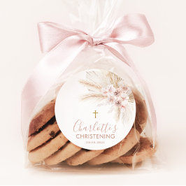 Boho Pampas Pink Girl Floral Taufe Christening Runder Aufkleber