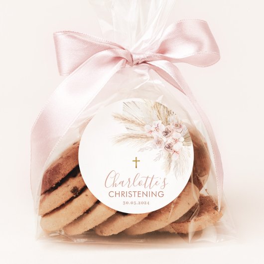 Boho Pampas Pink Girl Floral Taufe Christening Runder Aufkleber