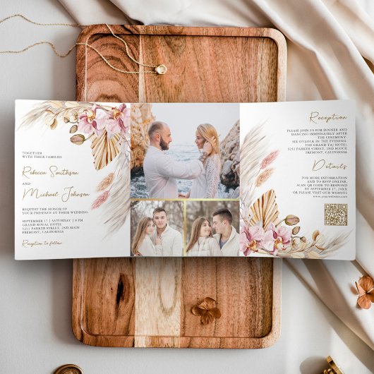 Boho Pampas Pink Orchid Floral QR Code Hochzeit Dreifach Gefaltete Einladung