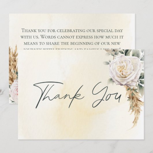 Boho Pampas & Pink Roses Cream Wedding Dankeskarte (Vorne/Hinten)