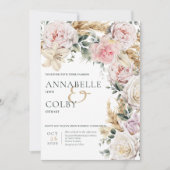 Boho Pampas & Pink Roses Cream Wedding Einladung (Vorderseite)