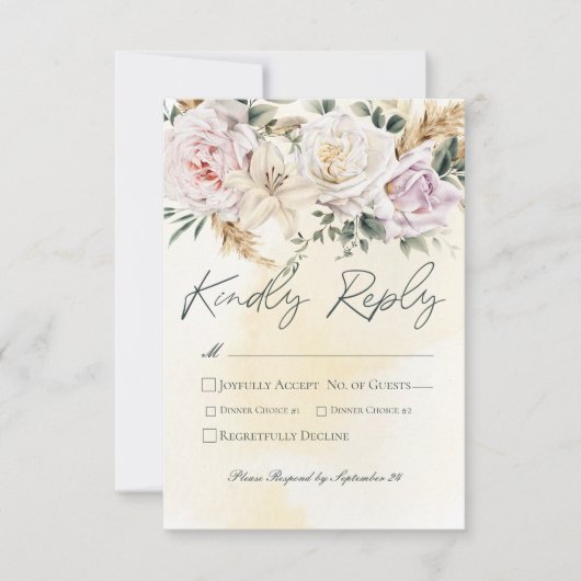 Boho Pampas & Pink Roses Cream Wedding RSVP Karte (Vorderseite)