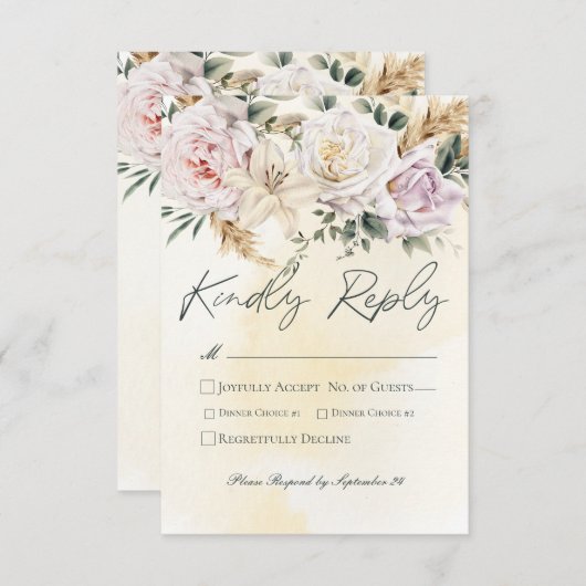 Boho Pampas & Pink Roses Cream Wedding RSVP Karte (Vorne/Hinten)