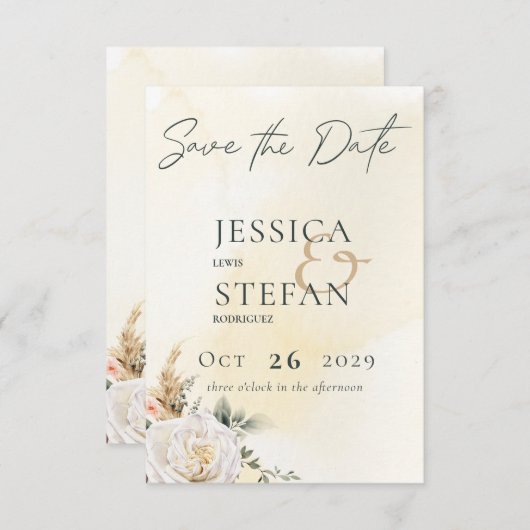 Boho Pampas & Pink Roses Cream Wedding Save The Date (Vorne/Hinten)