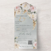 Boho Pampas & Pink Roses Green QR Code All In One Einladung (Innen Boden)
