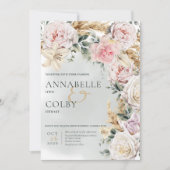 Boho Pampas & Pink Roses Green Wedding Einladung (Vorderseite)