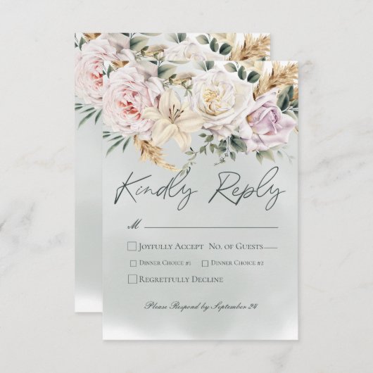 Boho Pampas & Pink Roses Green Wedding RSVP Karte (Vorne/Hinten)