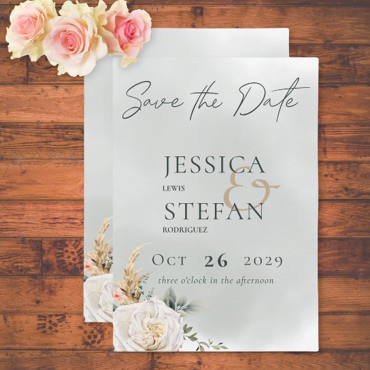 Boho Pampas & Pink Roses Green Wedding Save The Date