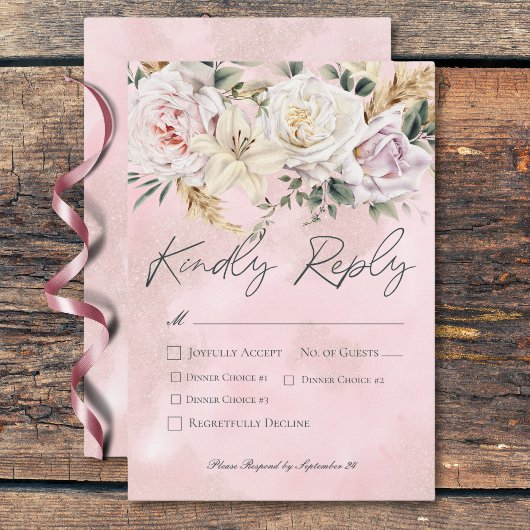 Boho Pampas & Pink Roses Hochzeitsessen RSVP Karte